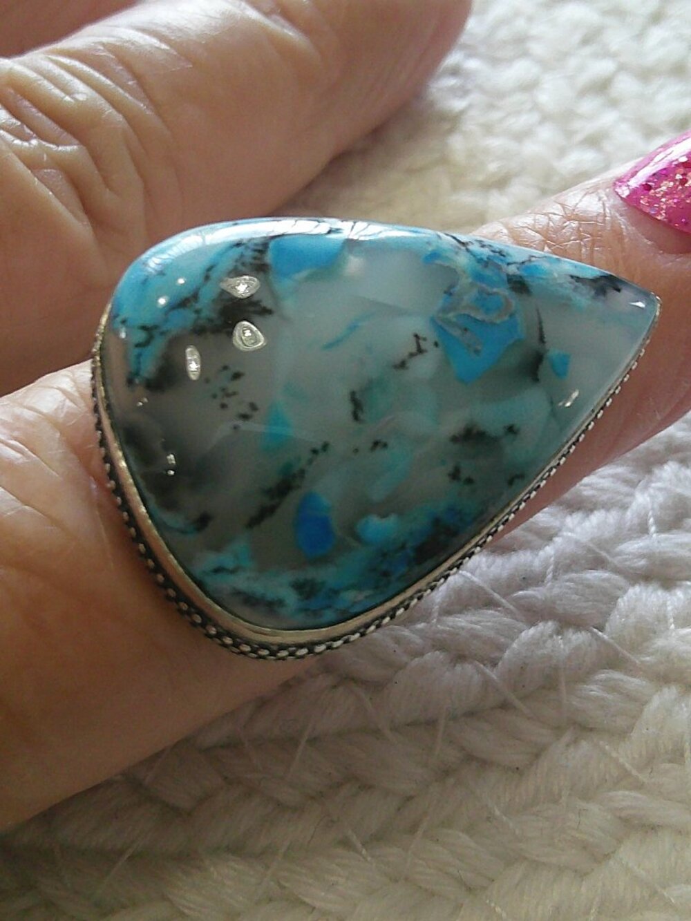 Beautiful MARINE BLUE DENDRITIC OPAL Handmade Sterling 925 Ring Size 8.5 #928E